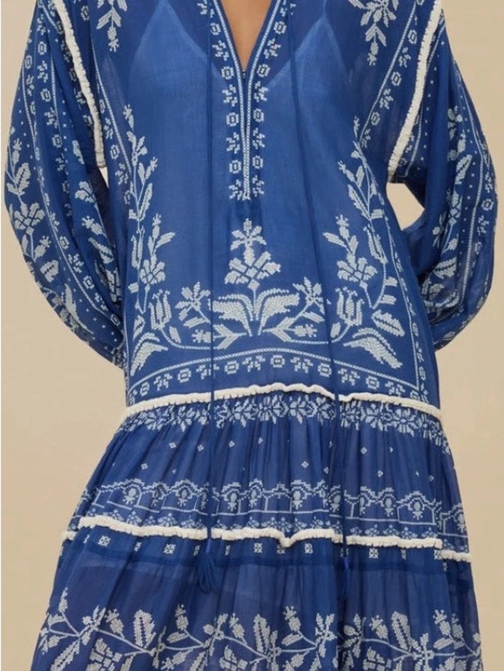 FARM Rio Blue Tropical Cross Stitch Tiered Maxi Dress Medium - Picture 2 of 5